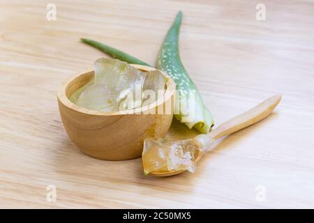 Aloe Vera for drinking on wood table Stock Photo