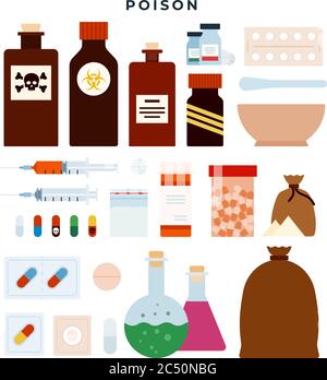 Poison, toxic substances, meds, liquids, tablets, capsules, powders in different forms. Set of vector icons, isolated on white background. Stock Vector