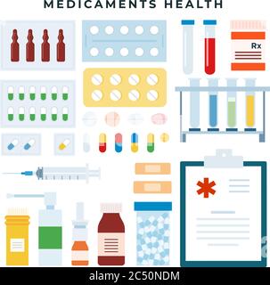 Different medical pills and bottles, jars, syringe, test tube, spray, set of icons. Vector illustration in flat style. Stock Vector