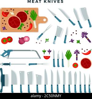 Meat cutting knives, set. Meat equipment, pieces of meat, vegetables and condiments on the cutting board. Set for butcher shop or restaurant. Vector Stock Vector