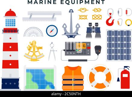 Vector set of nautical and marine icons in flat style, isolated on white background. Stock Vector