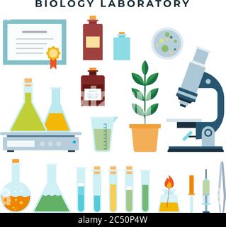 Biological research or teaching laboratory equipment, set of flat icons. Flask, spirit lamp, jar, microscope, tweezers, vial, plant, Petri dish Stock Vector