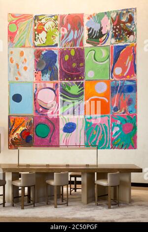 A colorful, abstract piece titled Florida Set, by Artist Josh Smith, hangs in the lobby lounge of the Nobu Hotel at Eden Roc in Miami Beach, Florida, USA Stock Photo