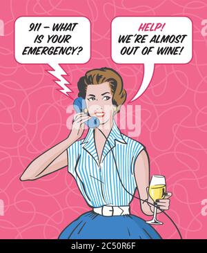Retro vintage mid-century woman calling 911 on phone to say she is almost out of wine. Stock Vector