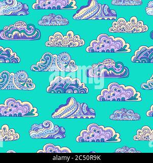 seamless pattern with cute ornamental doodle clouds on green background. Vector illustration. Stock Vector
