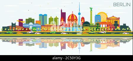 Berlin Germany City Skyline with Color Buildings, Blue Sky and Reflections. Vector Illustration. Business Travel and Tourism Concept. Stock Vector