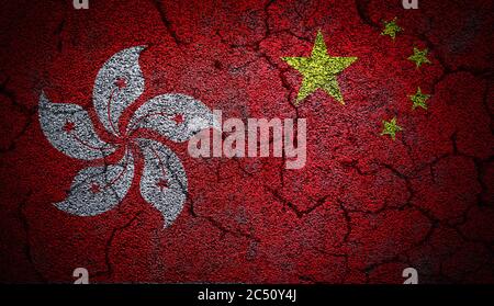 3D rendering of dual Hong Kong and China flags painted on concrete wall in grunge effect with deep cracks to illustrate the broken or tense relations Stock Photo