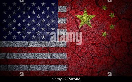 3D rendering of dual US and China flags painted on concrete wall in grunge effect with deep cracks to illustrate the broken or tense relations between