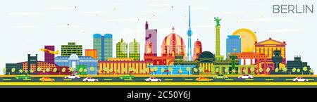 Berlin Germany Skyline with Color Buildings and Blue Sky. Vector Illustration. Business Travel and Tourism Concept with Historic Architecture. Stock Vector