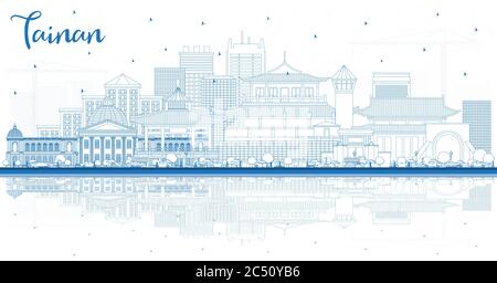 Outline Tainan Taiwan City Skyline with Blue Buildings and Reflections. Vector Illustration. Stock Vector