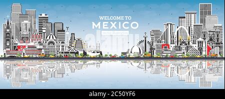 Welcome to Mexico City Skyline with Gray Buildings and Blue Sky. Vector ...