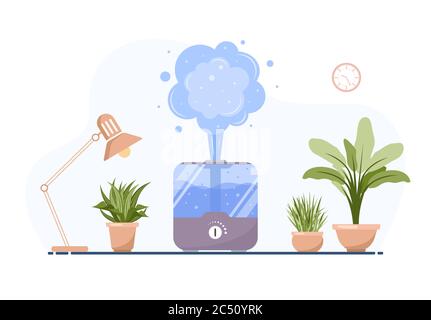 Humidifier with house plants. Equipment for home or office. Ultrasonic air purifier in the interior. Cleaning and humidifying device. Modern vector Stock Vector