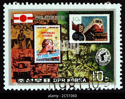 NORTH KOREA - CIRCA 1981: A stamp printed in North Korea shows two North Korean stamps, circa 1981. Stock Photo