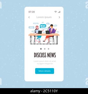 podcasters discussing daily news recording podcast in studio podcasting online radio concept man in headphones interviewing woman smartphone screen copy space vector illustration Stock Vector