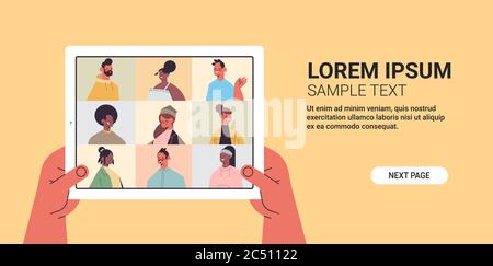 human hands using tablet pc chatting with mix race friends during video call people having virtual live conference communication self isolation concept horizontal copy space vector illustration Stock Vector