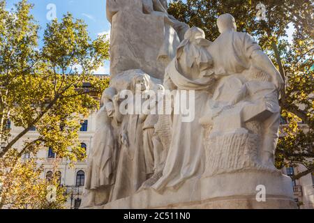 Budapest, Hungary. October 2019: Close-up Statue of Mihaly Vorosmarty and people walking near on the Vorosmarty square, central square in Budapest Stock Photo
