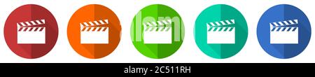 Video icon set, red, blue, green and orange flat design web buttons isolated on white background, vector illustration Stock Vector