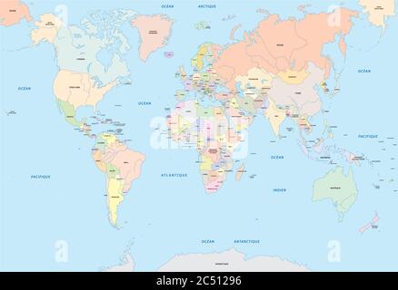 world map in french language Stock Vector