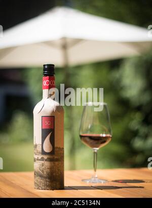 The Frugal wine bottle, from British packaging company Frugalpac, which has a lower carbon and water footprint than glass or plastic alternatives. The bottle is made from recycled paperboard with a recycled plastic food-grade liner to hold the wine or spirit. Stock Photo