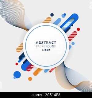 Abstract blue, orange and red color geometric composition made of various rounded shapes diagonal lines and wavy line elements with white circle space Stock Vector