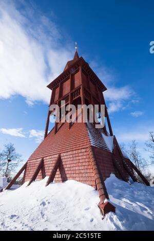 Kiruna Church is a church building in Kiruna, Sweden, and is one of Sweden's largest wooden buildings. Wide angle view Stock Photo