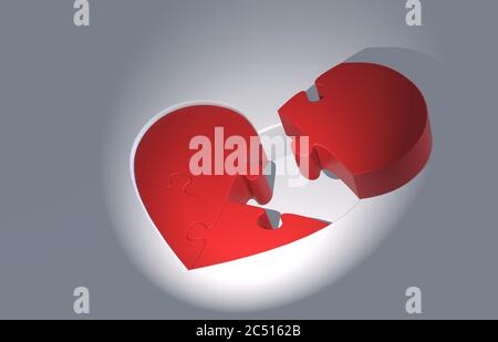 red heart puzzle with missing piece lying nearby - 3D-illustration Stock Photo