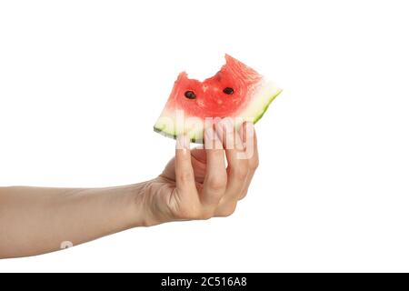 Female hand hold watermelon slice, isolated on white background Stock Photo