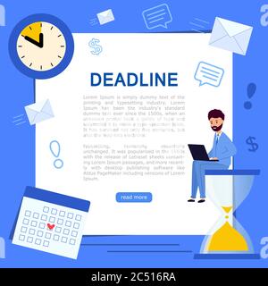 Banner Business process or deadline. Man sitting on hourglass with a laptop. Vector illustration in modern flat style. White paper on blue background Stock Vector