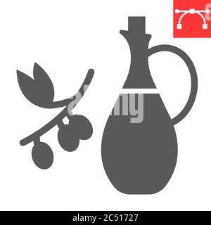 Bottle of olive oil with branch glyph icon, cook and keto diet, olive oil sign vector graphics, editable stroke solid icon, eps 10. Stock Vector