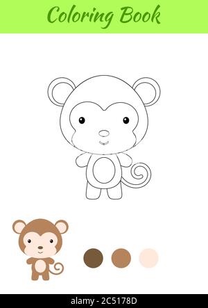 Coloring page happy little baby monkey. Coloring book for kids. Educational activity for preschool years kids and toddlers with cute animal. Stock Vector