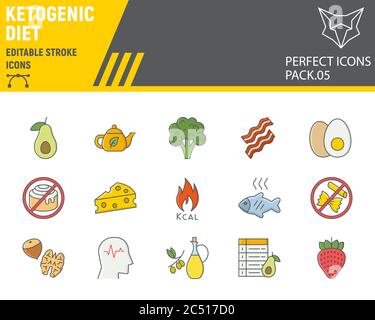 Keto diet color line icon set, ketogenic symbols collection, vector sketches, logo illustrations, ketogenic diet icons, food signs colorful linear Stock Vector