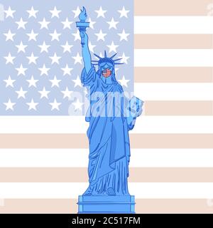 Statue of Liberty with antiviral mask on background with American flag, United States, vector illustration Stock Vector