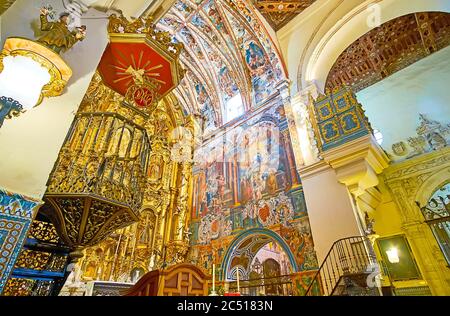 SANLUCAR, SPAIN - SEPTEMBER 22, 2019: The medieval interior of parish church of Our Lady of O (Nuestra Senora de la O) with preserved frescoes, ornate Stock Photo