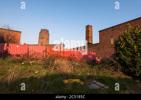 Liverpool Cathedral, glimpsed from derelict land on St James Street, Baltic Triangle, Liverpool, England, UK Stock Photo