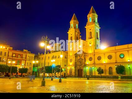 The evening view of church of St Anthony of Padua, located in Plaza de San Antonio pedestrian square, Cadiz, Spain Stock Photo