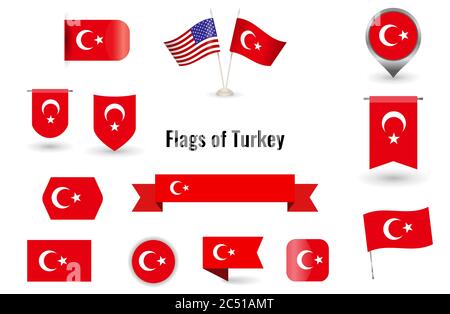 The Flag of Turkey. Big set of icons and symbols. Square and round Turkey flag. Collection of different flags of horizontal and vertical. Stock Vector