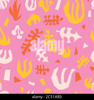 Abstract plants summer collage seamless vector pattern pink yellow orange. Contemporary minimalistic leave shapes background.  Stock Vector