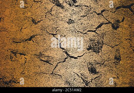 Distressed old cracked concrete vector texture. EPS8 illustration. Black and golden grunge background. Stone, asphalt, plaster, marble. Stock Vector