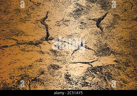 Distressed old cracked concrete vector texture. EPS8 illustration. Black and golden grunge background. Stone, asphalt, plaster, marble. Stock Vector