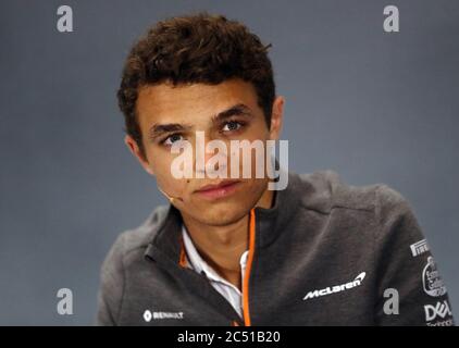 File photo dated 11-07-2019 of McLaren's Lando Norris in the press conference during a preview day for the British Grand Prix at Silverstone, Towcester. Stock Photo