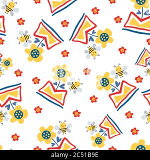 Kawaii honey bee and abstract daffodil flower in aztec motif vase. Seamless vector pattern background. Cute bug and floral colorful backdrop. Hand Stock Vector