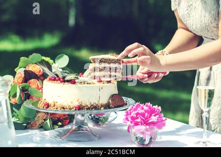 bride cutting slice of wedding cake Stock Photo