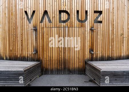 Vaduz, FL / Liechtenstein - 16 June 2020: wooden city works department with Vaduz name showing Stock Photo