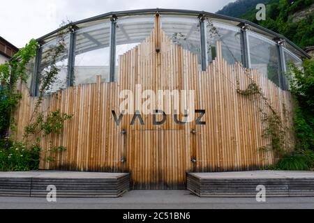 Vaduz, FL / Liechtenstein - 16 June 2020: wooden city works department with Vaduz name showing Stock Photo