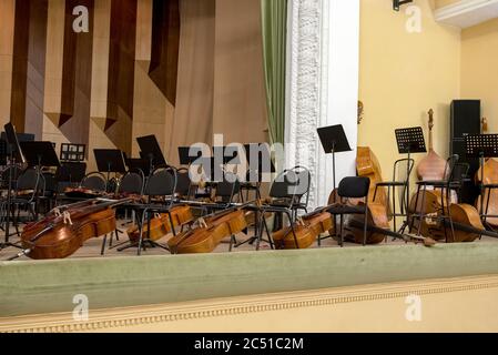Musical instruments on the stage of the concert hall Stock Photo