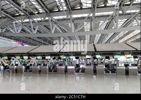 Empty check-in counter at Suvarnabhumi Airport during covid-19 Stock Photo