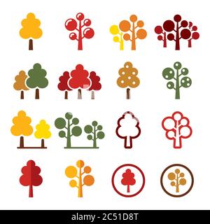 Autumn trees, forest, park vector icons set - nature design collection in yellow, orange, brown and red Stock Vector