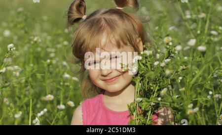 Portrait of little blonde child girl in pink dress stay on flower chamomile grass meadow. Bouquet of daisies. Happy 5 years old caucasian kid. Sunny summer Stock Photo