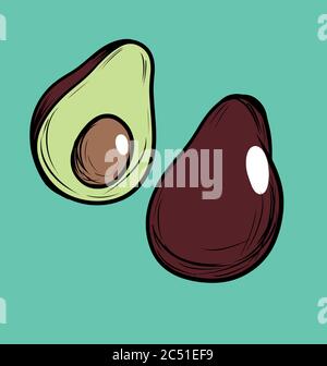 Grunge avocado cut in two slices cartoon drawing Stock Vector