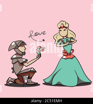 vector cartoon knight giving flower to princess Stock Vector